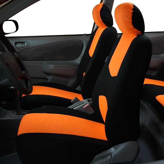 FH Group Car Seat Covers Flat Cloth Front Seats Only Orange Automotive Seat Cover, Airbag Compatible Universal Fit Interior Accessories Cars Trucks SUV Combo Steering Wheel Cover & Seat Belt Pads