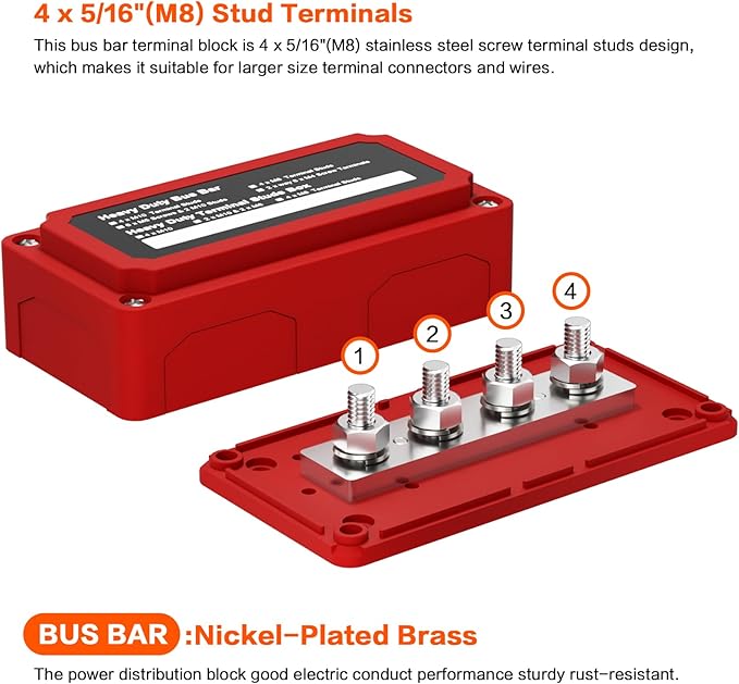 300A Bus Bar Box Heavy Duty Module Design Nickel Plated Brass Buss Battery Power Distribution 4xM8(5/16") Stainless Steel Terminal Studs Marine Ground DC12 24 48V（Red）