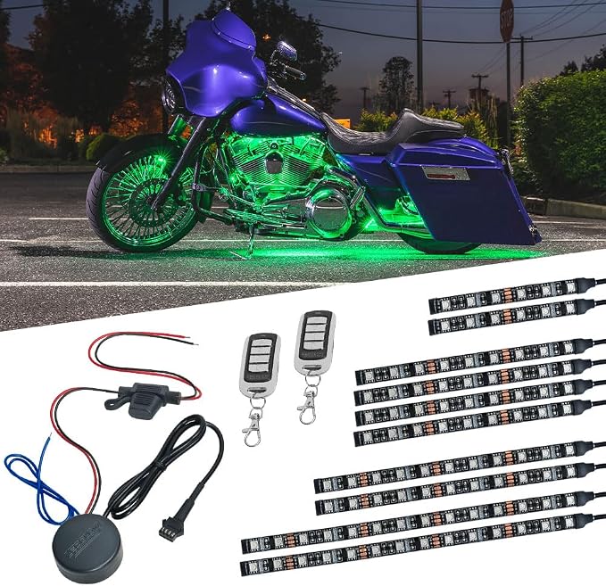LEDGlow 10pc Advanced Million Color LED Motorcycle Accent Underlow Light Kit - 15 Solid Colors - 6 Patterns - Multi-Color Flexible Strips - Includes Waterproof Control Box & 2 Wireless Remotes