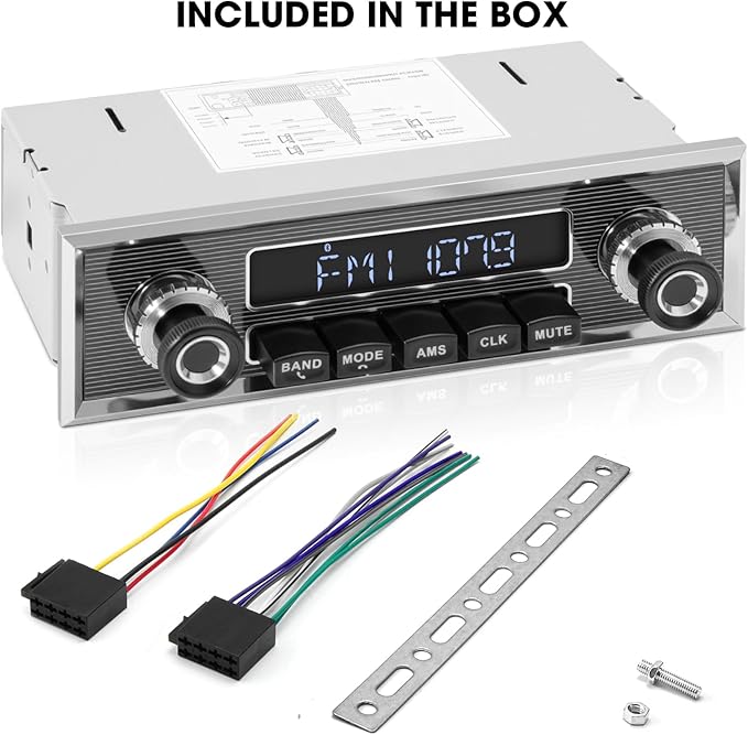 Retro Vintage Radio for Classic Vehicle - Single Din Bluetooth Car Stereo with AM FM USB AUX EQ Subwoofer RCA Output