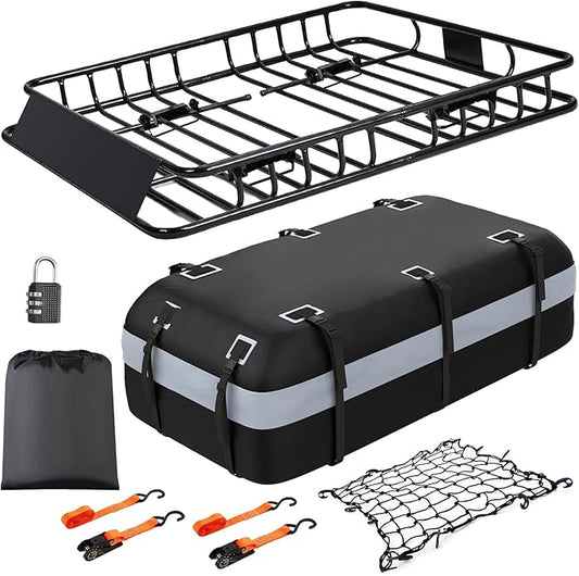 Heavy Duty Universal Rooftop Cargo Carrier Roof Rack, 64"x36"x5" Roof Rack Basket with 20 Cu.Ft Waterproof Bag, for SUV, Truck and Van, 250lbs Capacity, Corrosion Resistant (ROOF 64" and Bag)