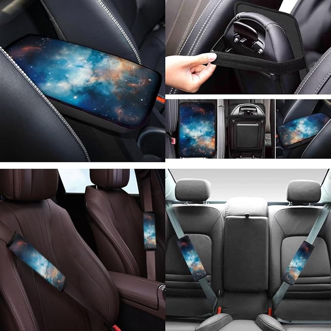 Blue Galaxy 12 Pack Car Seat Covers Full Set with Car Steering Wheel Cover Arm Rest Cover Auto Seat Belt Cover Cup Coasters and Keychain Holder Universal Fit Most Cars SUV