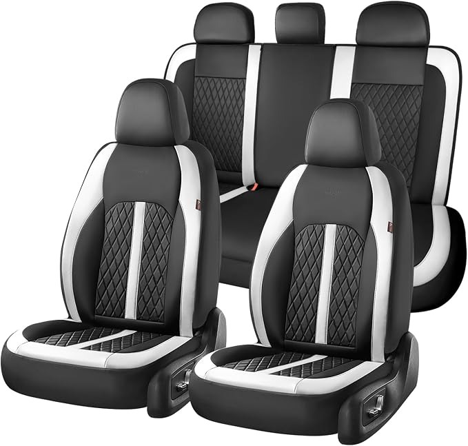 Coverado Universal Leather Seat Covers Full Set for 5 Seats – Waterproof, Durable All-Weather Protector for SUV, Pickup Truck, Sedan, White&Black