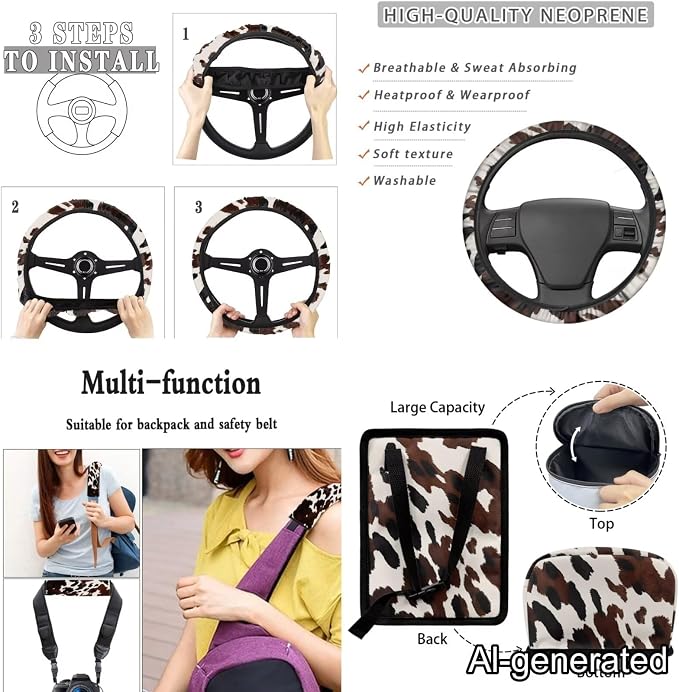 Dreaweet Brown Cow Print Car Seat Covers Full Set for Women Cute Car Accessories Seat Cover with Wheel Cover Seatbelt Covers Car Coasters Trash Bag Vent Storage Bag Rearview Mirror Cover Keychain