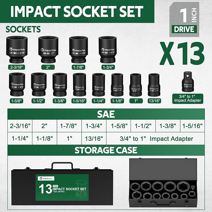 1 Inch Drive Impact Socket Set, SAE, 6 Point,13pcs Large Socket Set(1”- 2-3/16”), 42 CR-Mo Jumbo Impact Socket Kit with 3/4"F x 1"M Adapter & 13/16"Socket, for Truck & Equipment Repair