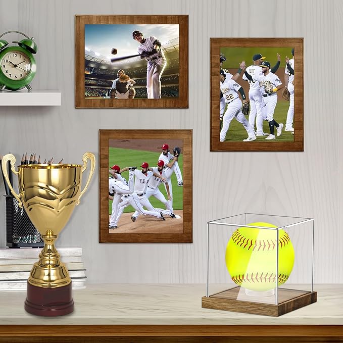Clear Acrylic Softball Display Case with Wood Base, Memorabilia Stand Cube Holder, Dust Protection Transparent Storage Box for Single Ball Souvenir Softball Collections