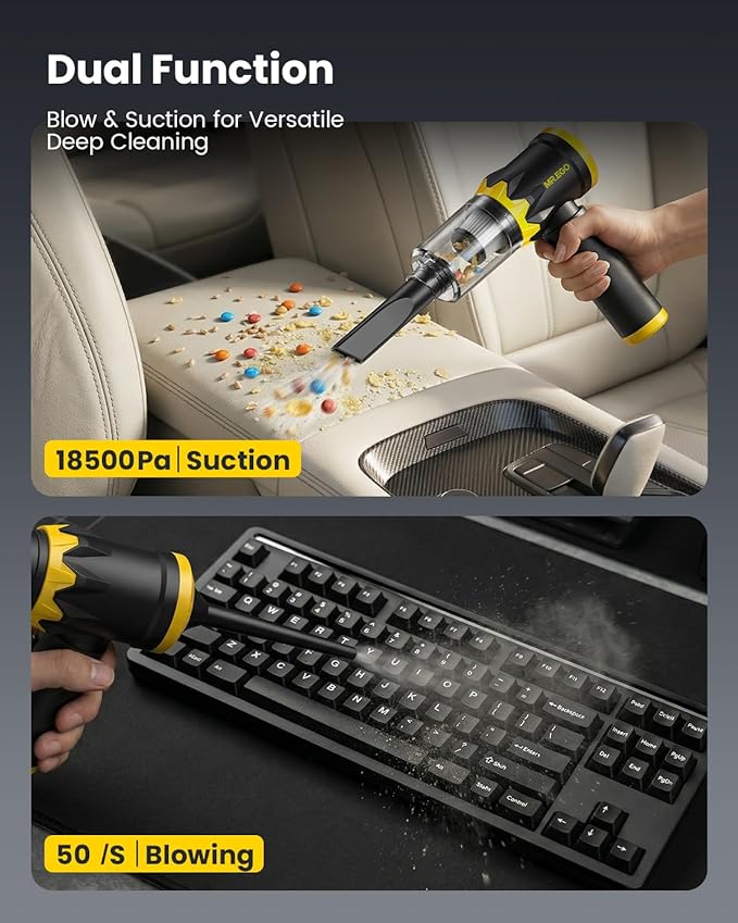 Mr.ego Car Vacuum Portable Cordless, 18500Pa Hand Held Vacuum Cleaner and Air Duster, 4-in-1 Mini Vacuum with Multi-Nozzles for Small Jobs, Car, Home, Desk, Keyboards (Black)