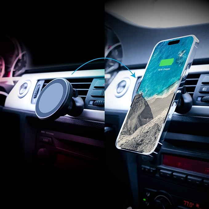 PhoneSuit Magnetic Car Dock for MagSafe & iPhone Wireless Charging | Strong Neodymium Magnets | 15 Watt Fast Charging | | Include USB Car Charger | Air Vent Adapter | iPhone 15/14 / 13/12 & More