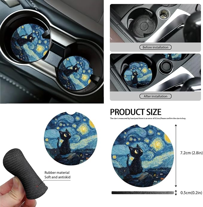 Starry Cat Print 15Pcs Car Interior Cover Set Includes Car Front Rear Seat Covers Steering Wheel Cover Seatbelt Pads Inside Rearview Mirror Protector Garbage Bag Cup Coasters