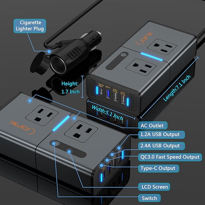 200W 7-in-1 Car Power Inverter DC 12V to 110V AC with PD 27W USB-C & QC 3.0, Dual AC Outlet Car Plug Adapter for Vehicles, LED Voltage Display, Quiet Cooling Fan for Laptop CPAP Road Trip Camping