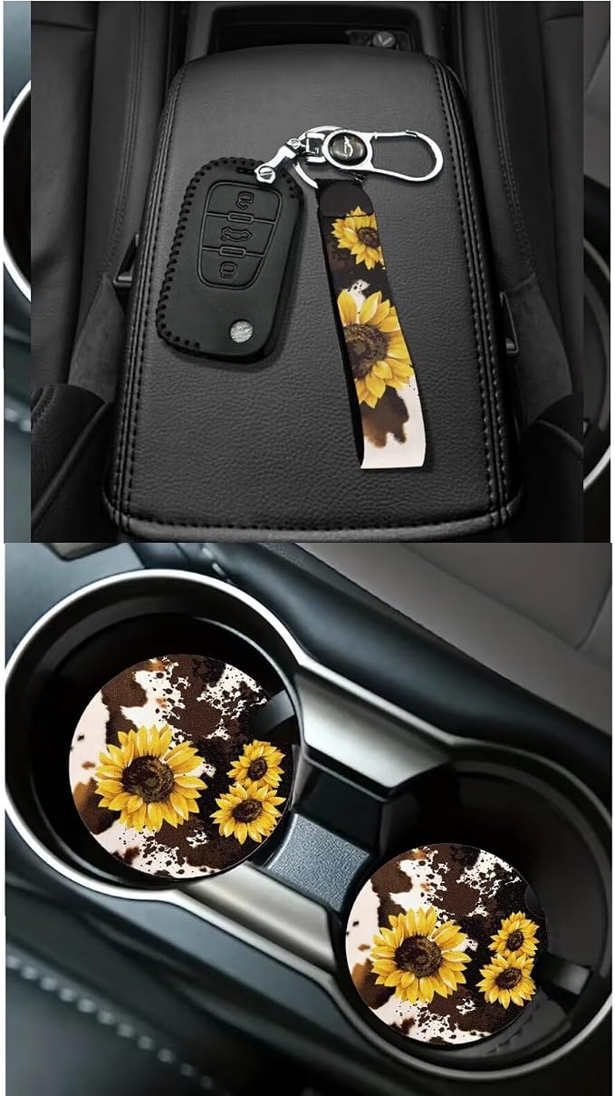Dreaweet Car Seat Covers Full Set for Women Brown Cow Print and Sunflower Car Accessories - Steering Wheel Cover Seat Belt Pads Car Coasters Trash Bag Air Vent Pouch Rearview Mirror Cover Keychain