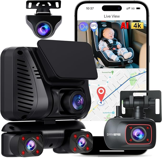 4K Dash Cam 360° View, 5 Channel Front and Rear Dash Camera for Cars, Built-in 5GHz Wi-Fi GPS, Voice Control, Free 128G Card,Night Vision,24H Parking Mode,G-Sensor