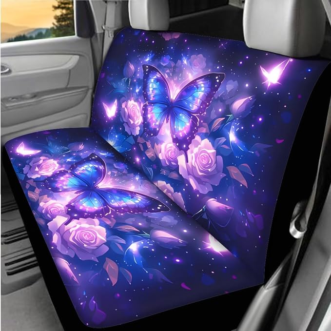 8 Pcs Purple Butterfly Rose Design Car Interior Accessories for Women, Car Seat Covers with Auto Steering Wheel Cover, Auto Center Console Pad, Seat Belt Covers, Automotive Decorations