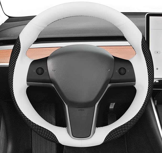 MEWANT Hand Stitch Steering Wheel Cover for Tesla Model 3 2017-2023 Model Y 2020-2023 Black Mesh Athsude White Microfiber Leather Wrap Protector Non-Slip Breathable