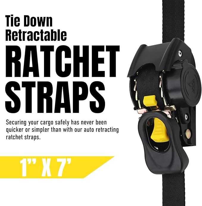 Stay There Retractable Ratchet Straps (4-Pack) - 1 Inch x 7 Feet (1100lb Break Strength) - Heavy Duty Auto Self Retracting Tie Down Straps for Truck, Cargo Trailer, Motorcycle & More - Black