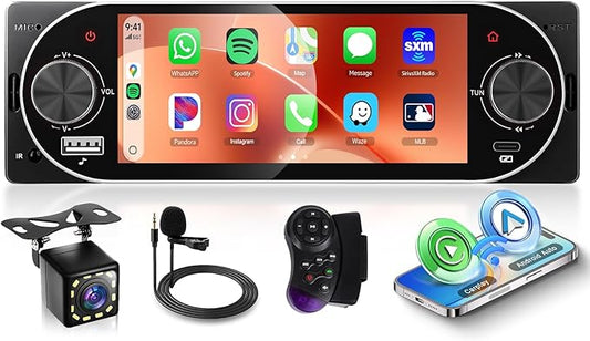 Single Din Car Stereo with Wireless A-pple Carplay Android Auto, 5.1" Incell Touch Screen Car Radio 1 Din with Backup Camera Car Audio Receiver, Support Mirror Link Bluetooth FM USB EQ SWC