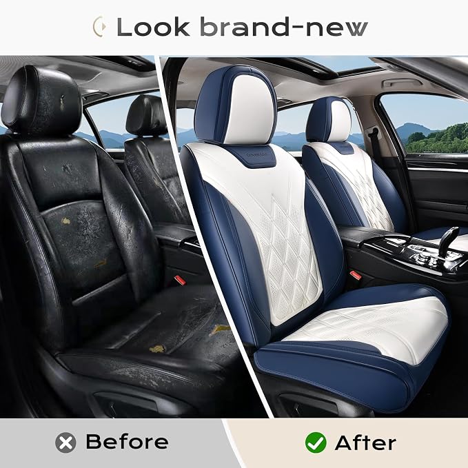 Coverado Car Seat Covers Full Set, Seat Covers for Cars, Waterproof Leather Automotive Seat Cover, Universal Car Interior Protectors Cushion for Most Cars Blue_White