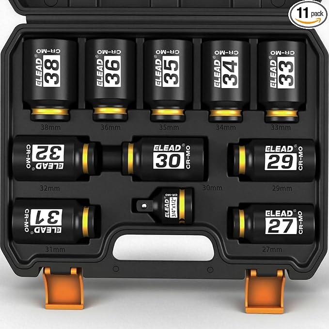 1/2'' Drive Deep Impact Socket Set: 11-Piece Metric Wheel Axle Nut Wrench Large Jumbo 27mm 29mm 30mm 31mm 32mm 33mm 34mm 35mm 36mm 38mm Car Spindle Joint High Torque Truck Bearing Locknut