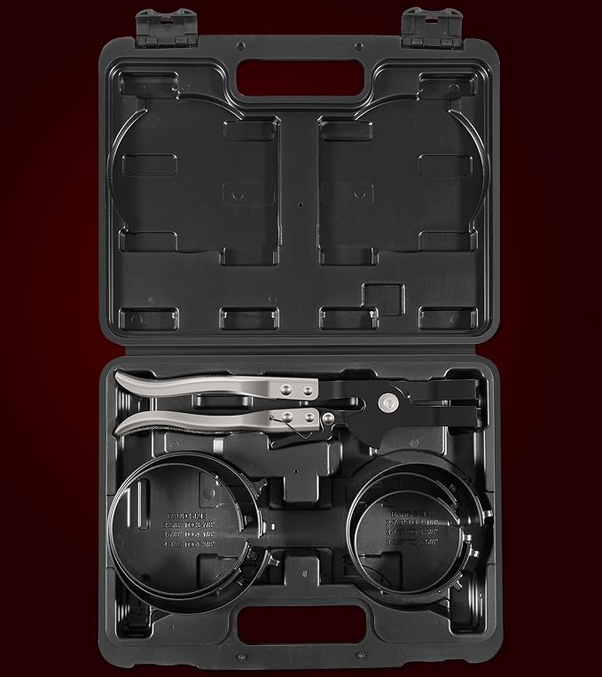 Bonbo 940387 Piston Ring Compressor Tool Set Perfect for Car Diesel Engines, Including Vehicle Maintenance Clamps, Ratchet Pliers, Storage Case