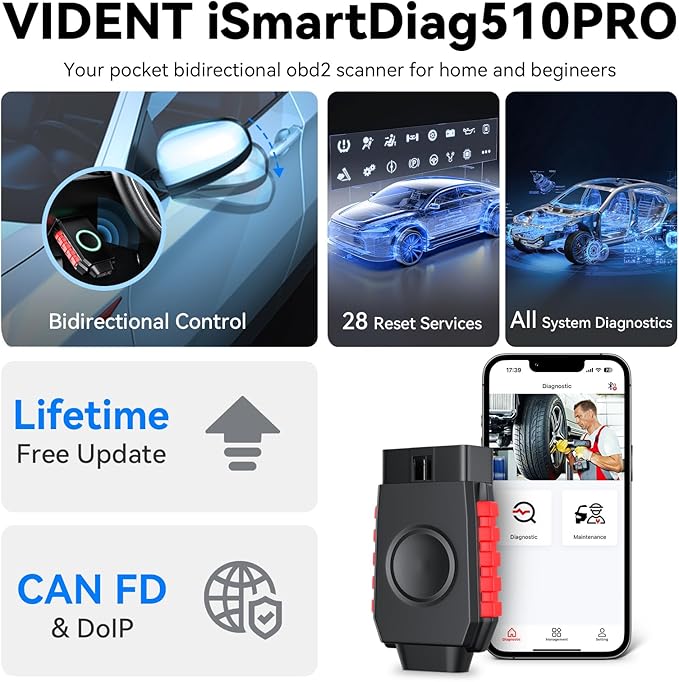 Bidirectional Wireless OBD2 Scanner for iOS & Android, VIDENT iSmartDiag 510 PRO Scan Tool with Lifetime Updates, 28 Resets, All System Diagnostics, Throttle Relearn, ABS Bleeding, EPB, CAN FD for GM