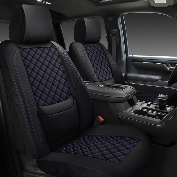 Silverado Seat Covers 2007-2026 Front Pair, Truck Interior Sets Custom Fit for Chevy Chevrolet Silverado GMC Sierra 1500/2500/3500HD Crew/Double/Extended Cab with Lumbar Support, Black Blue