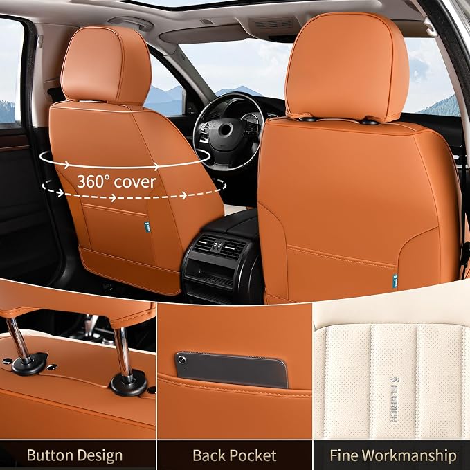 FLORICH Car Seat Covers Full Set, Leather Seat Covers for Cars, Waterproof Car Seat Protectors 5 Seats, Front and Rear Seat Covers for Cars, Automotive Seat Protector Fit for Most Car SUV - BrownBeige
