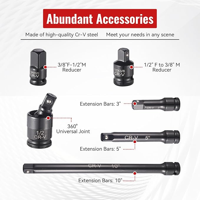 Reniteco 25-Piece 1/2" Drive Socket Set, Metric(10mm-32mm), Deep Sockets, Extension Bars, 1/2" F to 3/8" M Reducer,3/8" F to 1/2" M Reducer, Universal Joint, 6 Point Design, Cr-V