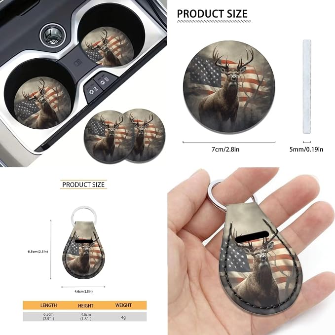 Xoenoiee Deer and American Flag Print 11 Pack Universal Car Seat Covers Front & Rear for Women Car Interior Accessories with Steering Wheel Cover, Seat Belt Pads, Cup Coaster, Key Chains