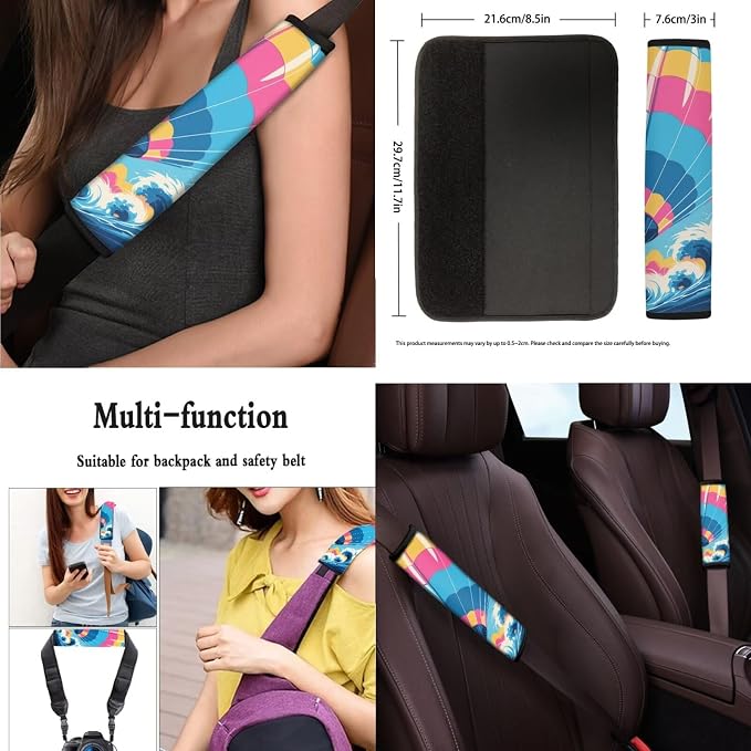 Balloon 13 Pcs Car Seat Covers, Cartoon Rainbow Hot Air Balloon Universal Driver Seat Cover Protector Armrest Pad, Sea Wave Steering Wheel Armrest Cover Seatbelt Cup Mats