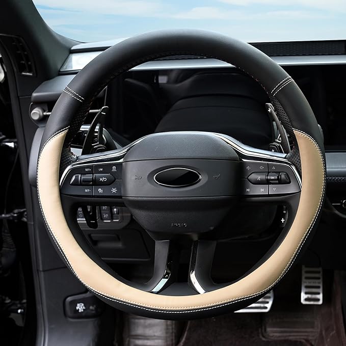Valleycomfy Microfiber Leather Steering Wheel Covers Universal 15 inch （Beige）