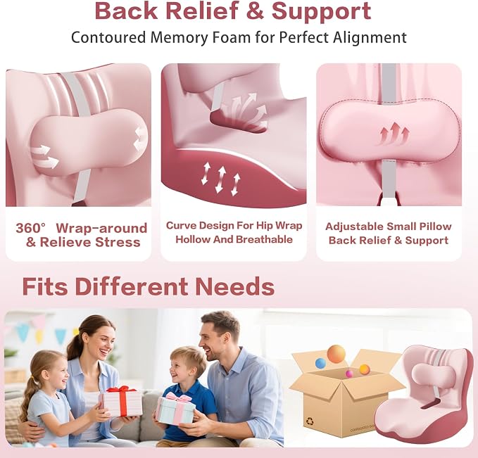 Office Chair Cushion with Adjustable Lumbar Support Pillow, Ergonomic Memory Foam Seat Cushion for Desk Chair, Tailbone Pressure Relief Cushion with Back Support Pillow for Car Seat