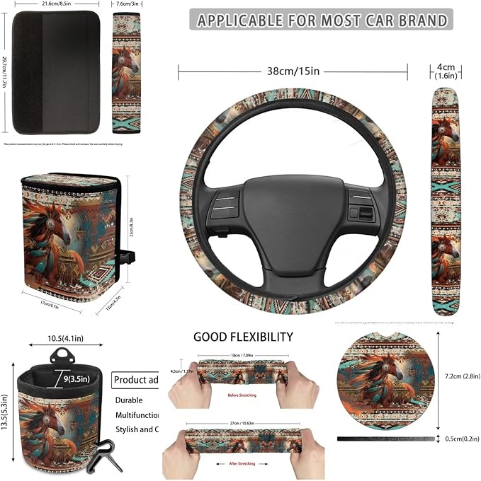 Dreaweet Navajo Car Seat Covers Full Set Tribal Horse Seat Covers with Steering Wheel Cover Seat Belt Pads Car Coaster Trash Can Air Vent Holder Rear View Mirror Cover Keychain Universal Fit