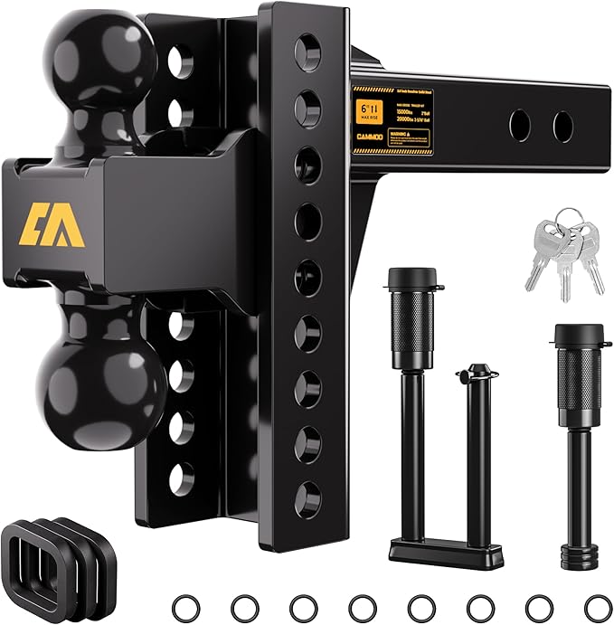 CAMMOO Adjustable Trailer Hitch, Tow Hitch Fits 2 inch Receiver, 6 inch Rise/Drop Hitch, 2" and 2-5/16" Ball Hitch, 20000 LBS GTW Truck Hitch with U-Shaped Alloy Steel Anti-Theft Pin, Black, ML-2060