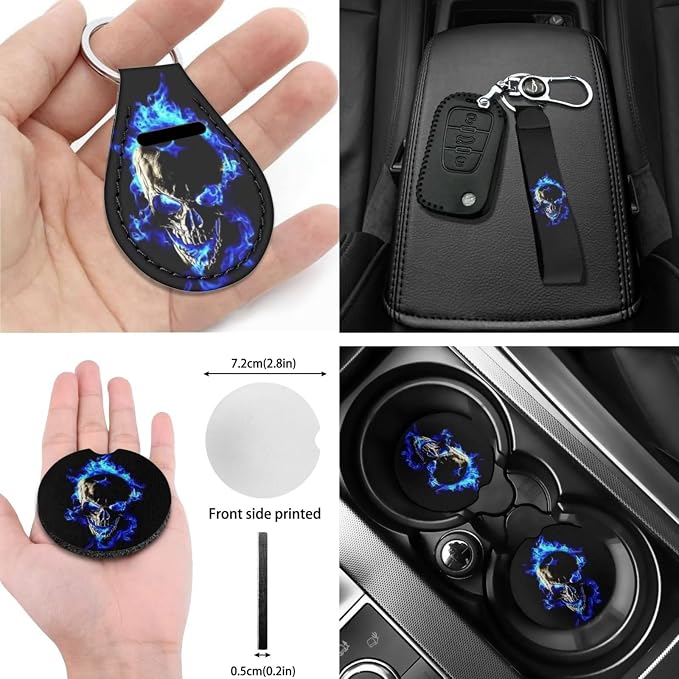 10 Pcs Blue Flame Skull Car Seat Covers Set, Seat Covers for Cars Steering Wheel Cover Auto Center Console Pad Shoulder Pads Cup Coasters Keychain Wrist Strap for Cars Trucks and SUVs