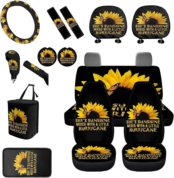 BIGCARJOB Sunflower Car Accessories Set 15 Pack She's Sunshine Sunflower Car Seat Covers Full Set,Sunflower Car Headrest Cover,Steering Wheel Cover,Car Trash Can,Seat Belt Pads