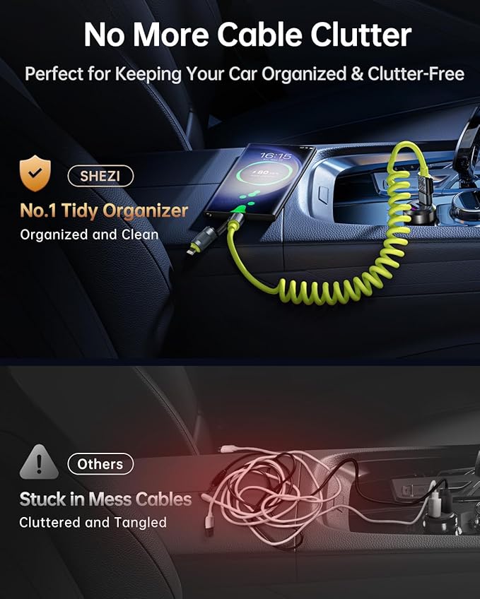 2 Packs Car Cable Bundle, Coiled USB C Cable 60W and 4 in 1 Fast Charger 240W, 5FT Green