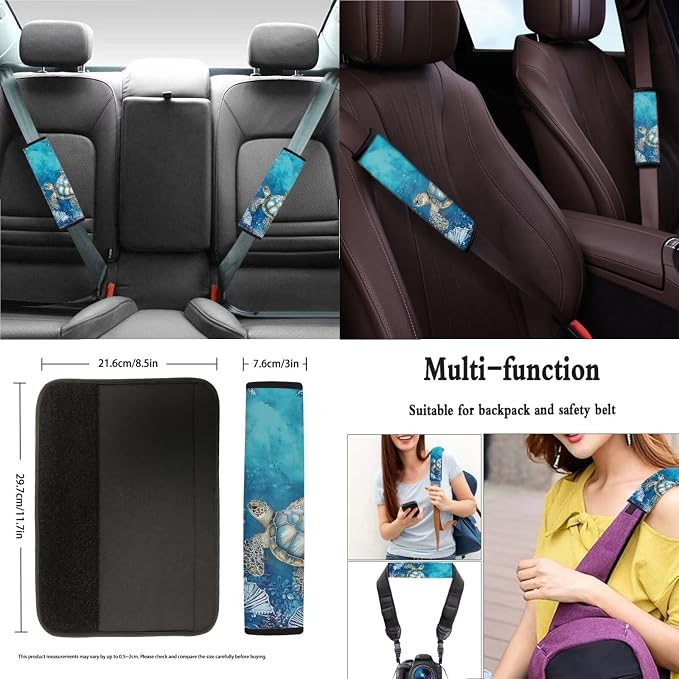 Suobstales Turtle Water Plants Print Car Accessories Car Seat Covers Full Set Interior Cover Seat Protectors with Steering Wheel Cover, Seat Belt Pads, Coaster, Keychains