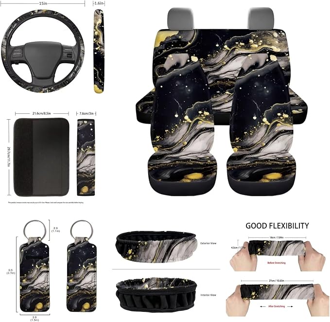Black Marble Car Seat Covers Full Set for Women Men+Universal Fit Marble Style Automotive Interior Accessory Decoration with Steering Wheel Cover+Keyring+Cup Mats+Rear View Mirror Cover