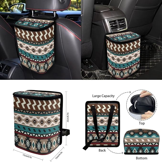 Southwestern Aztec Car Seat Covers Set of 15 with Universal Steering Wheel Cover, Rearview Mirror Cover, Car Trash Can, Seatbelt Pads, Cup Holder Coasters, Keychains