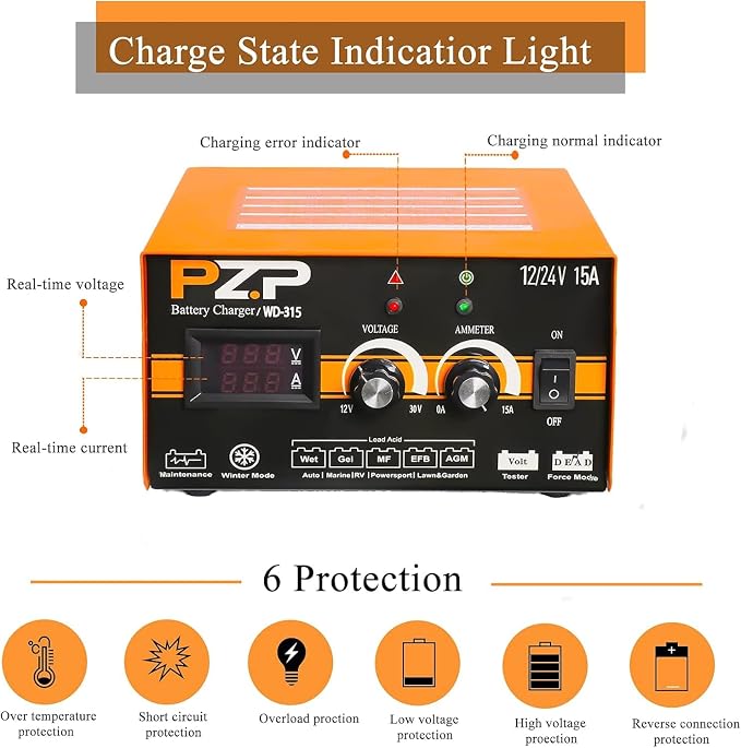 PZP 0-15Amp12V 24V Manual Battery Charger Maintainer, Arbitrarily Adjustable Car Battery Trickle Charger, Battery Desulfator with Repair, Winter Mode, Suitable for Motorcycle Car Truck Lawnmower Boat