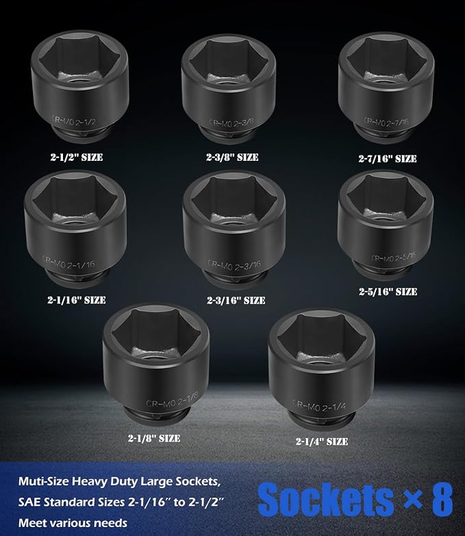 3/4" Drive Spindle Axle Nut Impact Large Socket Set, SAE Standard Sizes 2-1/16 Inch to 2-1/2 Inch, CR-MO Steel, 6-Point, Jumbo Sockets 8PCS for Removing Installing Axle Nuts Socket Heavy Duty