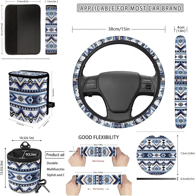 Dreaweet Navajo Native Western Car Seat Covers Full Set 15 Pcs Aztec Car Accessories with Steering Wheel Cover Seat Belt Pads Coasters Trash Bag Air Vent Storage Bag Rearview Mirror Cover Keychain