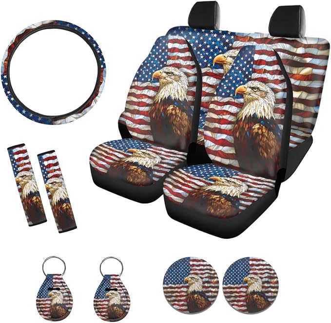 Suobstales Eagle American Flag Print Car Accessories with Car Front Rear Split Seat Covers, Seat Belt Pads + Steering Wheel Cover + Coaster + Keyrings for Women Set of 11-Pcs