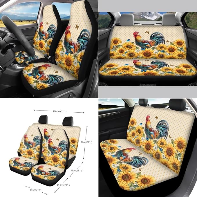 Chicken Butterfly Sunflower Dot Print 15 Pack Car Seat Covers Set Steering Wheel Cover Seat Belt Strap Pad Garbage Cans Air Vent Storage Holder Rearview Mirror Cover Coaster Keychain