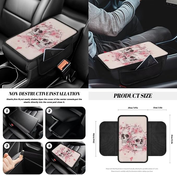 Skull Print Car Interior Cover Set of 14 Peach Blossom Print Front and Rear Split Bench Seat Covers with Steering Wheel Cover Center Console Pad Safety Belt Pads for SUV Truck Sedan