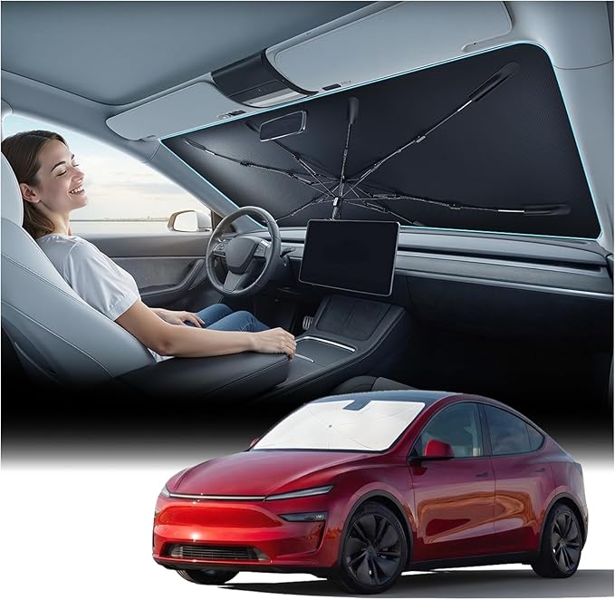 [2026 Upgraded] Nmoiss Windshield Sun Shade Umbrella for Tesla Model Y & Model 3 - [Vinyl Coating Heat Shield] Protect Car from Sun Rays & Heat Damage Keep Cool and Protect Interior