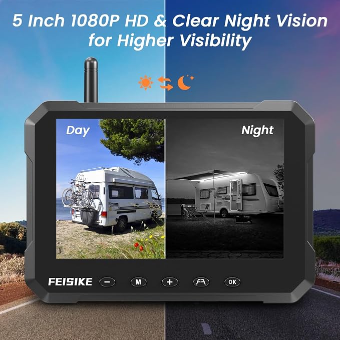 Magnetic Solar Wireless Backup Camera for Truck, 5 Inch No-Drill Installation RV Backup Camera, 1080P Rear View Camera 150° Wide Angle, 24hrs Battery Life, 2.4GHz Signal, Night Vision, RVs, Trailers
