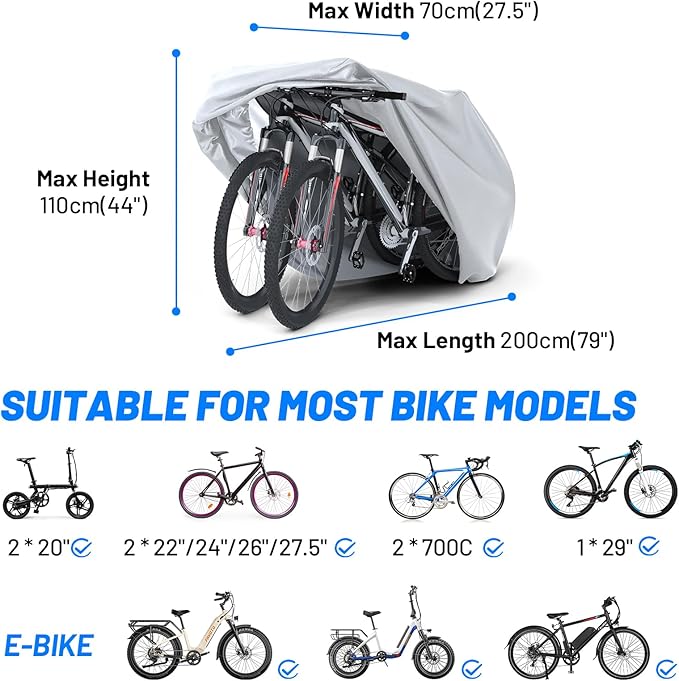 Favoto Bicycle Cover Waterproof Outdoor - Bike Cover for 2 Bikes Outdoor Storage Windproof UV Snow Proof with Lock Hole for Mountain Road City Bike Beach Cruiser Bike, Solid Silver