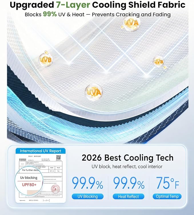 Zanch 2026 Upgraded Car Windshield Sun Shade [Cool Down by 75℉ ] with Heat Insulation Coating, Foldable Sunshade Umbrella Flexible Handle & Ribs, Medium (57''x32'') for Car, SUV, Truck, Van