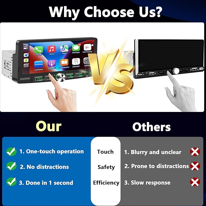 Single Din Touchscreen Radio with Wireless Apple CarPlay & Android Auto, 6.9" IPS Car Stereo with Bluetooth, Mirror Link, FM/AM,EQ, USB/Type-C, SWC, HD Backup Camera, Microphone for Car Audio Upgrade